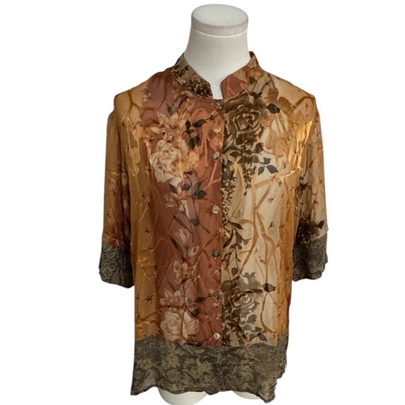 CITRON Silk Button Up Too Shirt Lightweight Orange Brown Floral Neutral Size L - Picture 1 of 6
